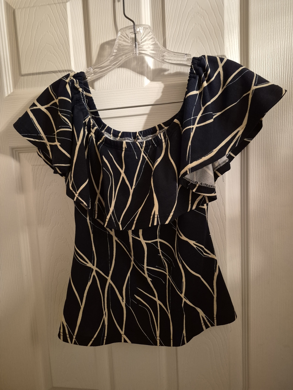 Boutique 9 Navy and Cream Ruffled Off-Shoulder Blouse
